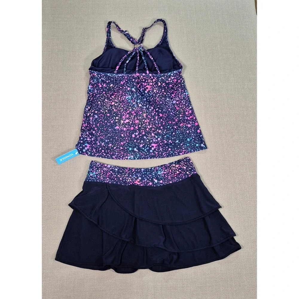 Yonique Womens Tankini Swimsuit Skirt Set Paint Splatter Navy Pink Size‎ M NWT